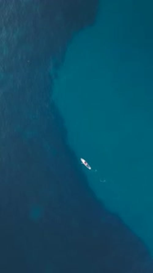 Vertical Video Aerial View of a Paddle Board a Man is Sailing on the Blue Sea