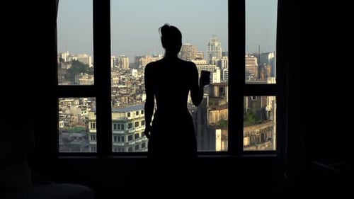 Silhouette of Woman with Beverage Admire View From Window at Home 30s