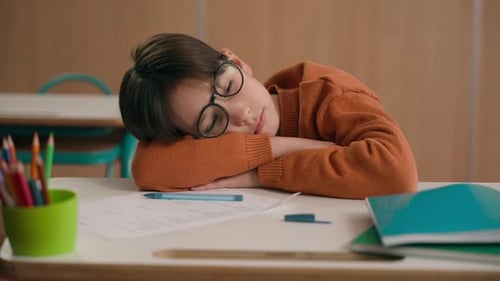 Tired Caucasian Exhausted Sad Upset Fatigued Little Child Boy Kid Son Pupil Schoolboy in Glasses