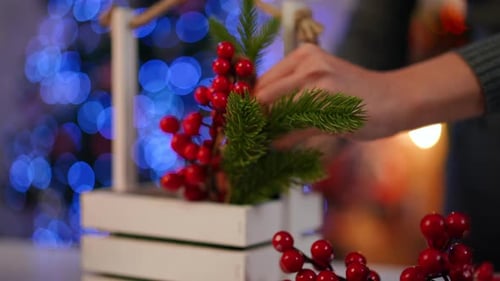 Closeup Green Fir Tree Branch and Red Decorative Red Berries in Basket with Female Hand Making