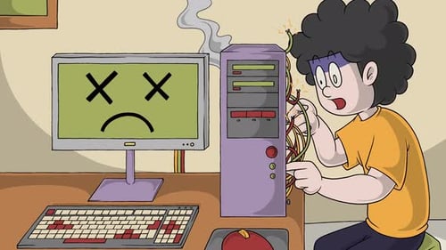 Lustiger Zeichentrickprogrammierer, der mit kaputter PC-Loop-Animation zu kämpfen hat