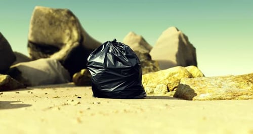 Black Trash Bag on Sandy Beach Near Large Rocks Under Clear Sky