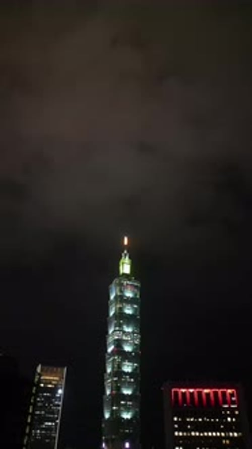 Aerial video of a business district in Taipei City, Taiwan at night