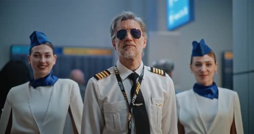 Portrait of Professional Airline Captain and Two Beautiful Stewardesses