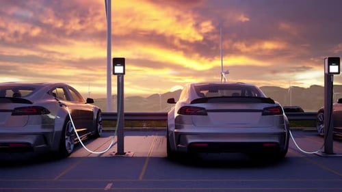 Electric Vehicle Between EV Charging Stations Beautiful Sunset