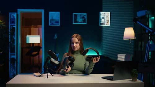 Gen Z Influencer in Home Studio Films Headphones Comparison Video
