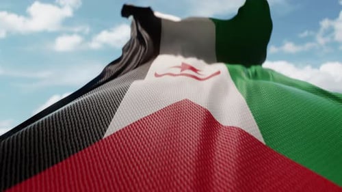 Photorealistic Flag Waving in Wind Against Blue Sky