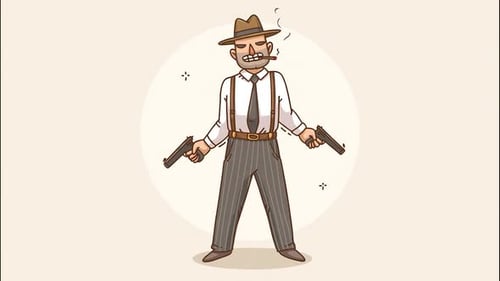 Vintage Gangster wearing a Fedora Hat, Suspenders & Striped Trousers Holding Two Pistols