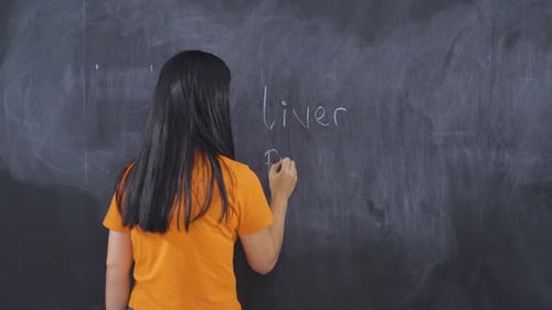 Young Woman Writing on Chalkboard Showing Negative Emotions