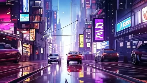Nachtstraße in der Stadt, nasser Bürgersteig, lebendige Neonlichter
