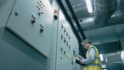 Low Angle Shot of Engineer / Factory Worker Programming / Setting Up Machinery on a Power Station.