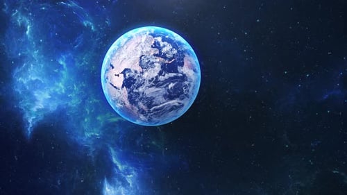 Detailed Earth Planet Rotating in Starry Blue Nebula Space