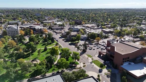 Aerial view of the park and buildings, United States.