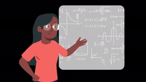 woman with glasses solving mathematical calculations on a board animation 4k on alpha channel
