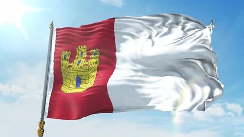 Realistic Waving Regional Flag with Castle Emblem on Blue Sky