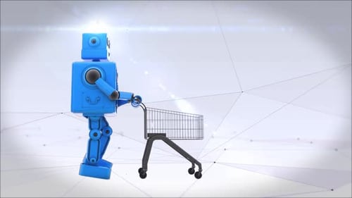 Animated Blue Robot Pushing a Shopping Cart Loop