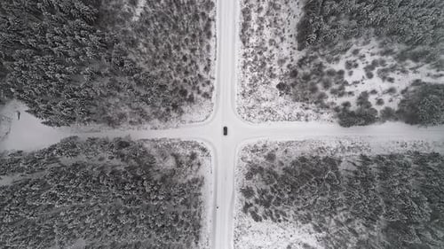 Aerial top down of car on snowy rural junction surrounded by snow-covered forest trees in nature - o