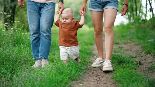 Parents hold their baby by the hands walking in the park.