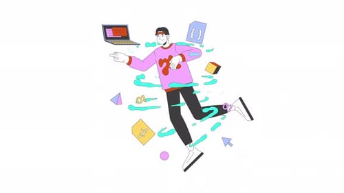 Asian man web developer inspired at work 2D animation