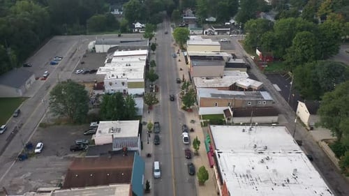 4K Aerial Leslie Michigan High above the main street