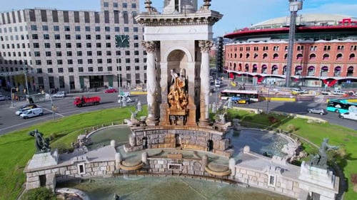 Aerial view of Font monumental a Plaza de Espana of Squares is one of Barcelona