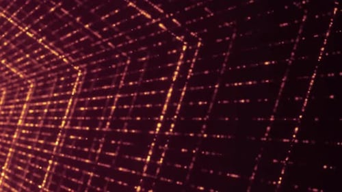 Abstraktes geometrisches Gitter mit leuchtenden lila Neonlinien auf dunklem futuristischem Hintergrund