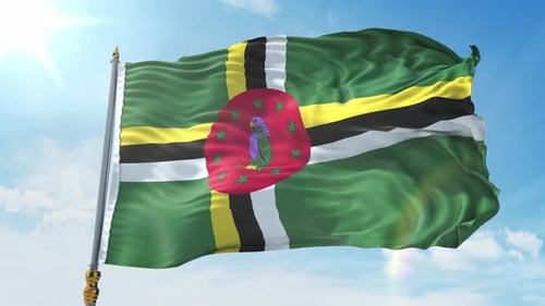 Waving Flag of Dominica Against a Bright Blue Sky