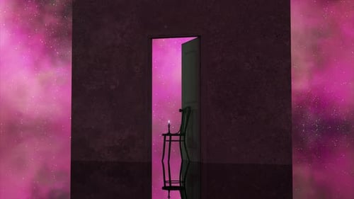 A Lit Candle Burns on a Chair in the Doorway Space in the Background Purple Neon Color Imagination