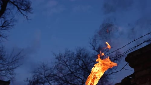 Burning Torch with Bright Flame in Evening Outdoor Setting