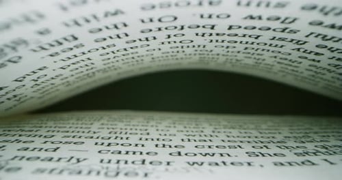 Alternative Nahaufnahme einer virtuellen Kamera beim Durchblättern der Seiten eines anonymen Buches.
C