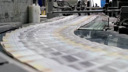 Flyers, newspapers, leaflets on the conveyor belt in a printing house