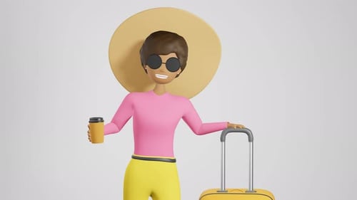 Smiling African American girl traveler yellow suitcase luggage coffee 3d animation loop 4K