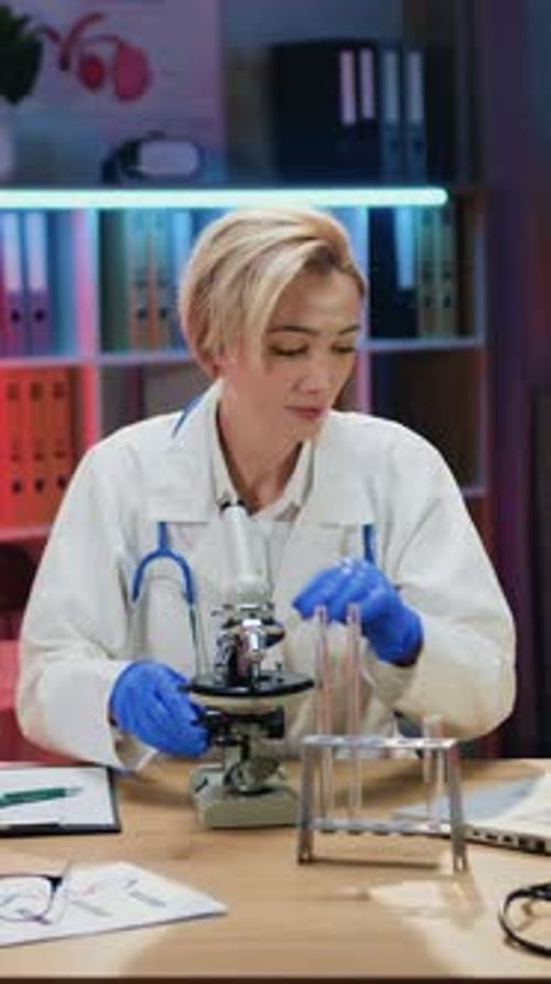Woman Using Microscope and Laptop in Medical Laboratory