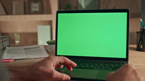 Hand Using Touchpad Chroma Key Laptop at Office Desk Closeup Man Surfing Mockup