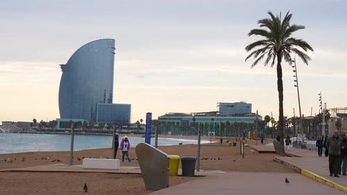 View of the Barceloneta Beach with Luxury Hotel W Barcelona By the Sea Shore