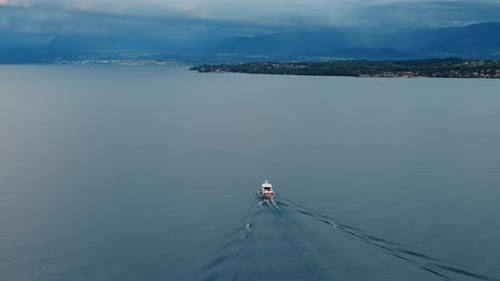 Aerial view of boat on Lake Geneva, Switzerland.