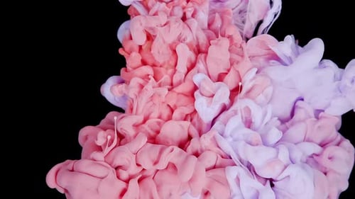 Bunte Tintenfarbe, Ansicht von oben, Vermischen im Wasser in Zeitlupe, Tinte, flüssige Kunst, die unter Wasser wirbelt