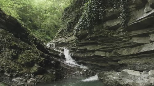 Waterfall in forest gorge