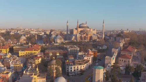 Drone video of Istanbul Turkey in the Sultanahmet area with touristic mosques (hagia Sophia, aya sof