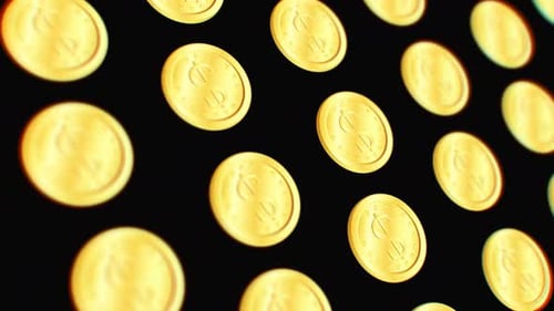 macro view rising over gold coins on black background, 4k blockchain altcoin investment. loop
