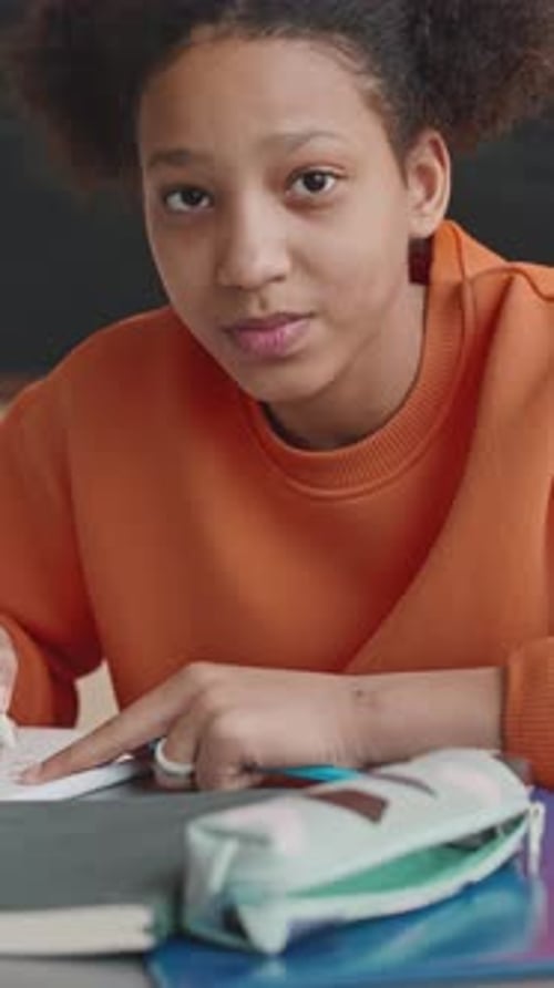 Portrait of African American School Girl Writing Test in Class