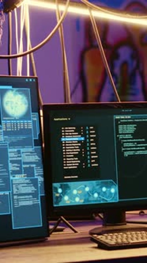 Computer Screens Displaying Coding and Digital Information