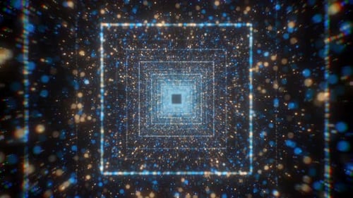 A Black Background with Bright Squares Leading Inside Along the Corridor