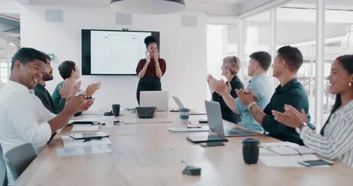 Office Meeting Applauding Presentation in Modern Conference Room