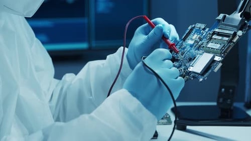 Microelectronics Engineer Works in a Modern Scientific Laboratory on Computing Systems and