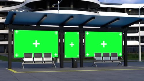 Modern Animated Bus Stop Advertising Green Screen Mockup