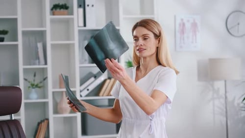 Female doctor is standing in clinic, holding x-ray of bones, examine