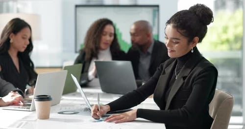 Business people, meeting and brainstorming with planning, laptop and partnership with finance