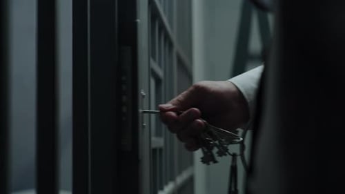 Close Up of Jailer Opening and Locking Prison Cell with Keys
