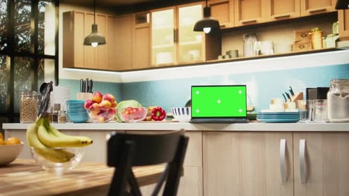 Green Screen on Laptop in Modern Home Kitchen with Cupboards and Cookware